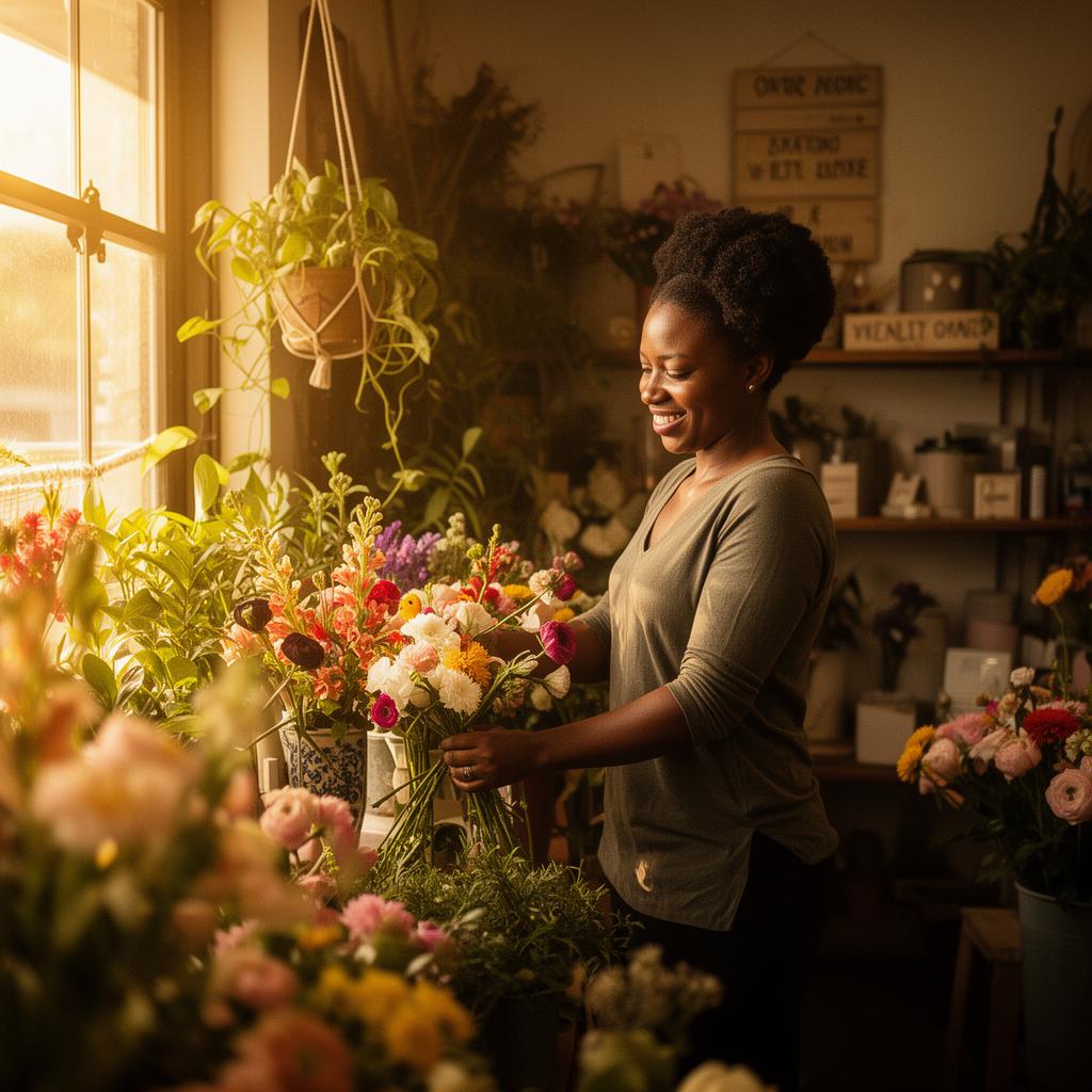 Black small business owner arranging flowers inside her neighborhood boutique