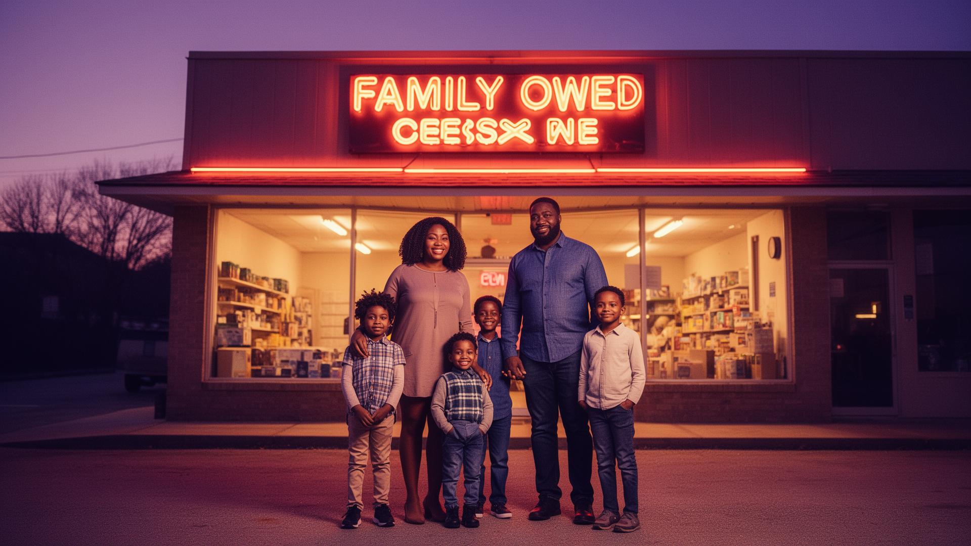 Black family standing proudly in front of their family-owned storefront at dusk